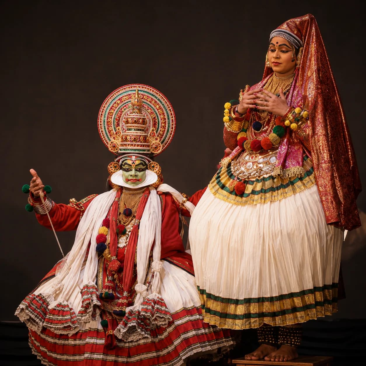 Two Kathakali performers in costume