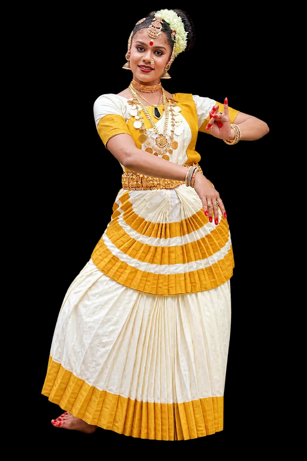 Classical Indian dancer in traditional gold and red costume